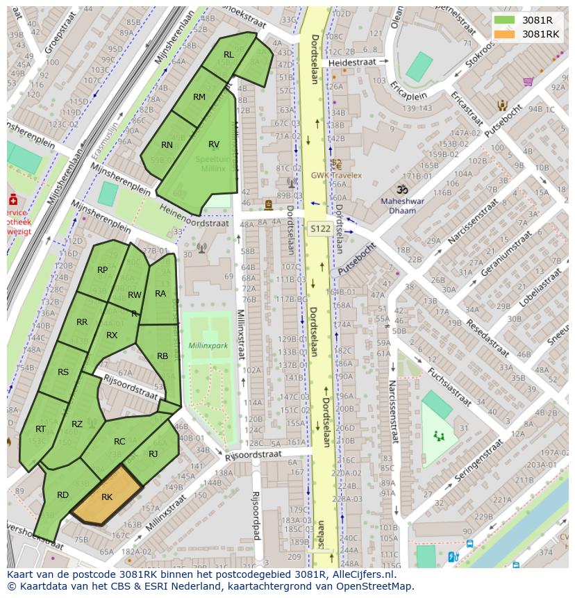 Afbeelding van het postcodegebied 3081 RK op de kaart.
