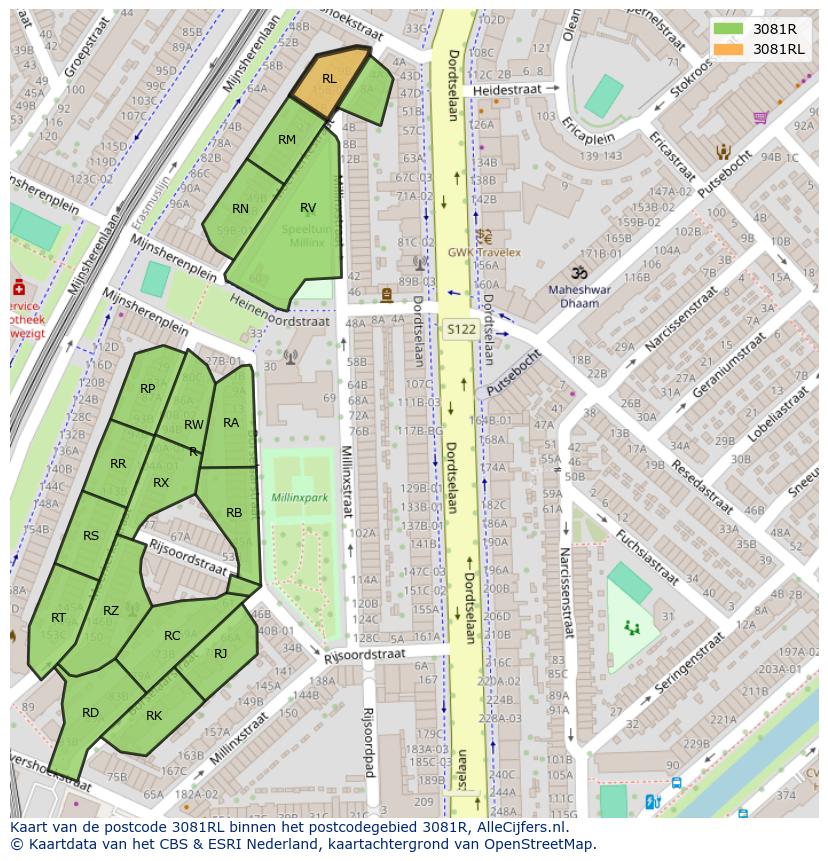 Afbeelding van het postcodegebied 3081 RL op de kaart.