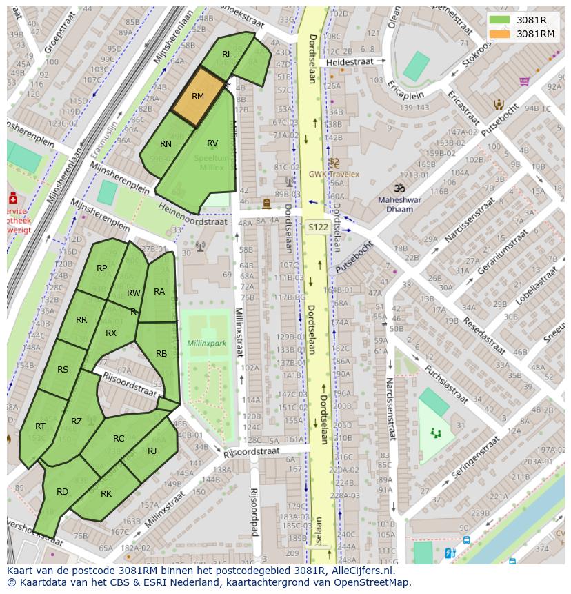 Afbeelding van het postcodegebied 3081 RM op de kaart.