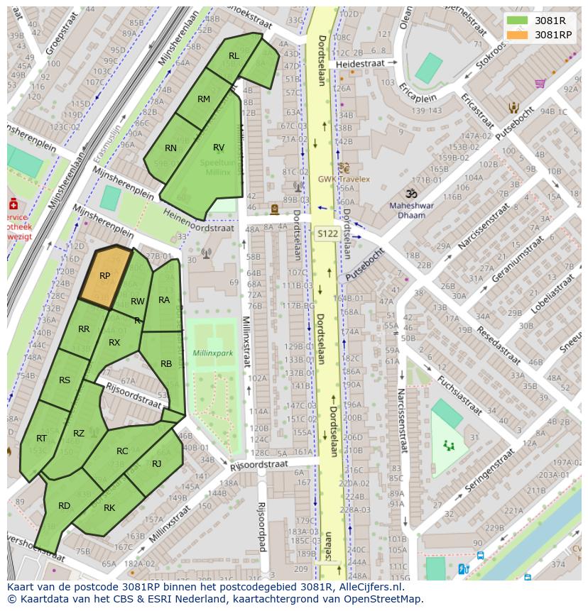 Afbeelding van het postcodegebied 3081 RP op de kaart.