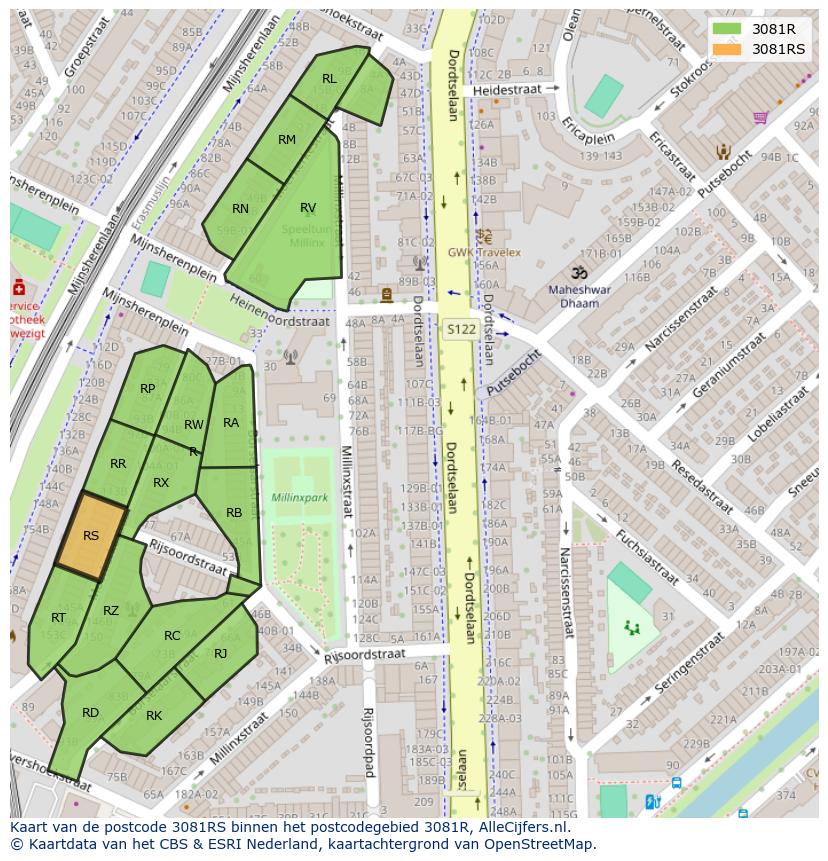 Afbeelding van het postcodegebied 3081 RS op de kaart.