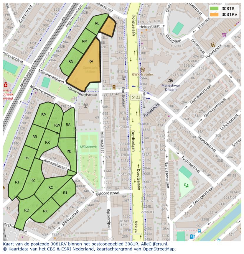 Afbeelding van het postcodegebied 3081 RV op de kaart.