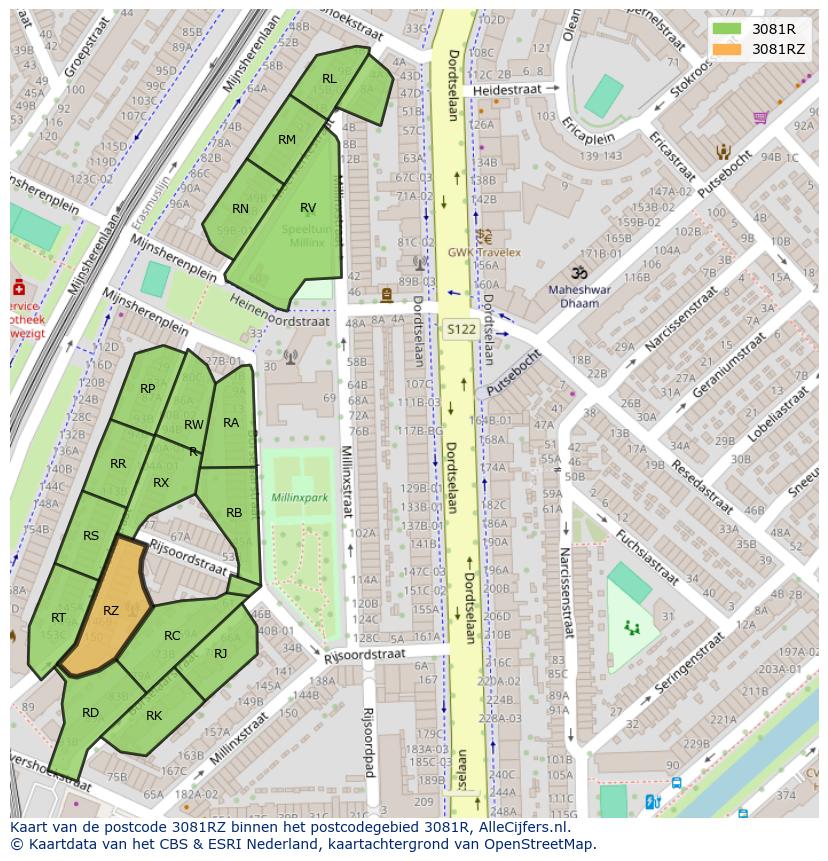Afbeelding van het postcodegebied 3081 RZ op de kaart.