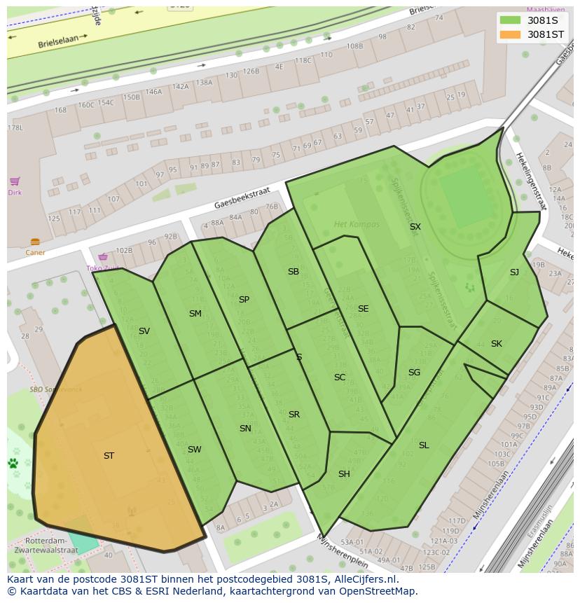 Afbeelding van het postcodegebied 3081 ST op de kaart.