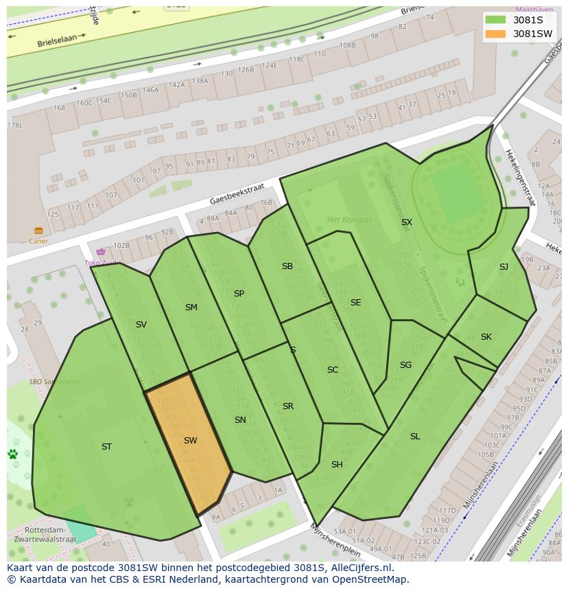 Afbeelding van het postcodegebied 3081 SW op de kaart.