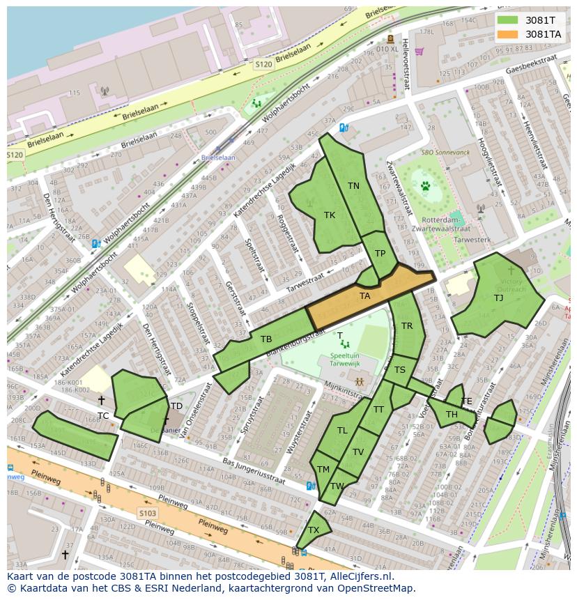 Afbeelding van het postcodegebied 3081 TA op de kaart.