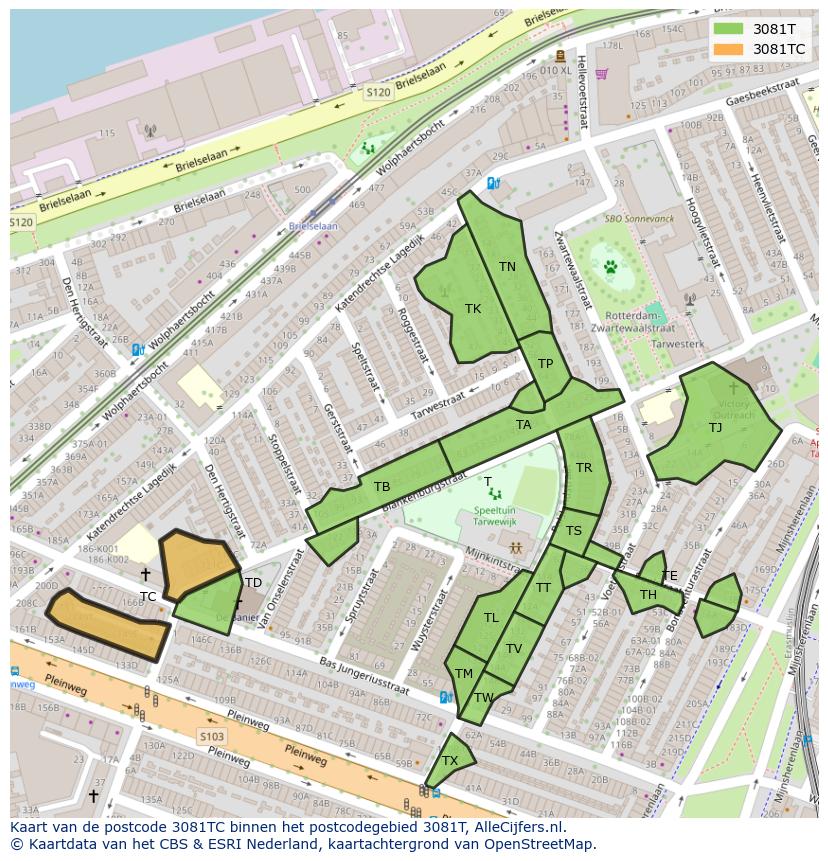 Afbeelding van het postcodegebied 3081 TC op de kaart.