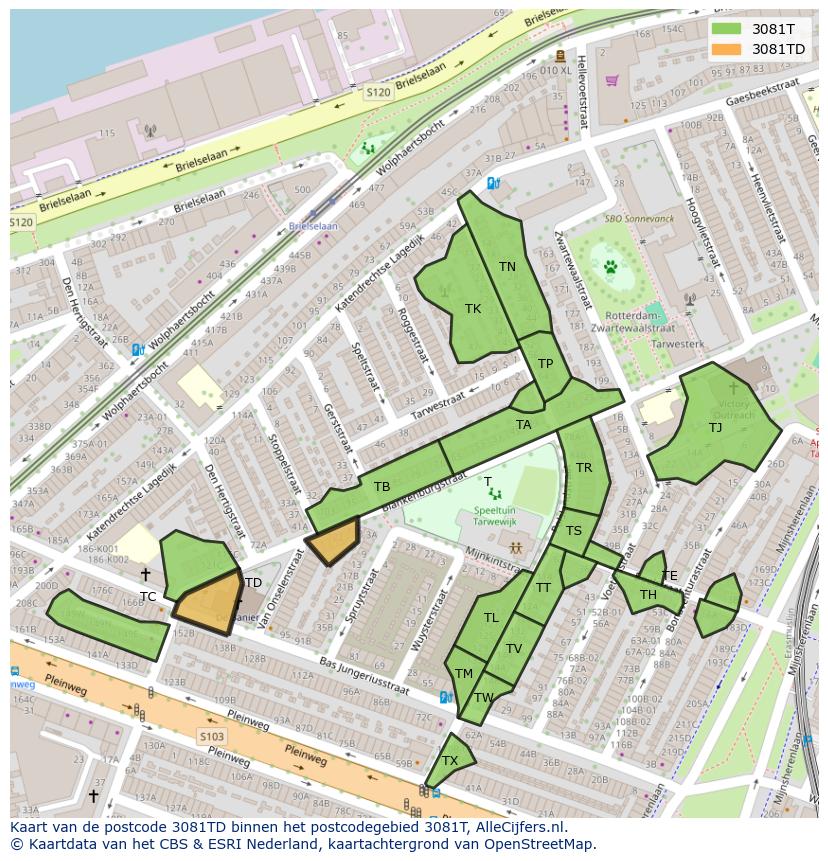 Afbeelding van het postcodegebied 3081 TD op de kaart.
