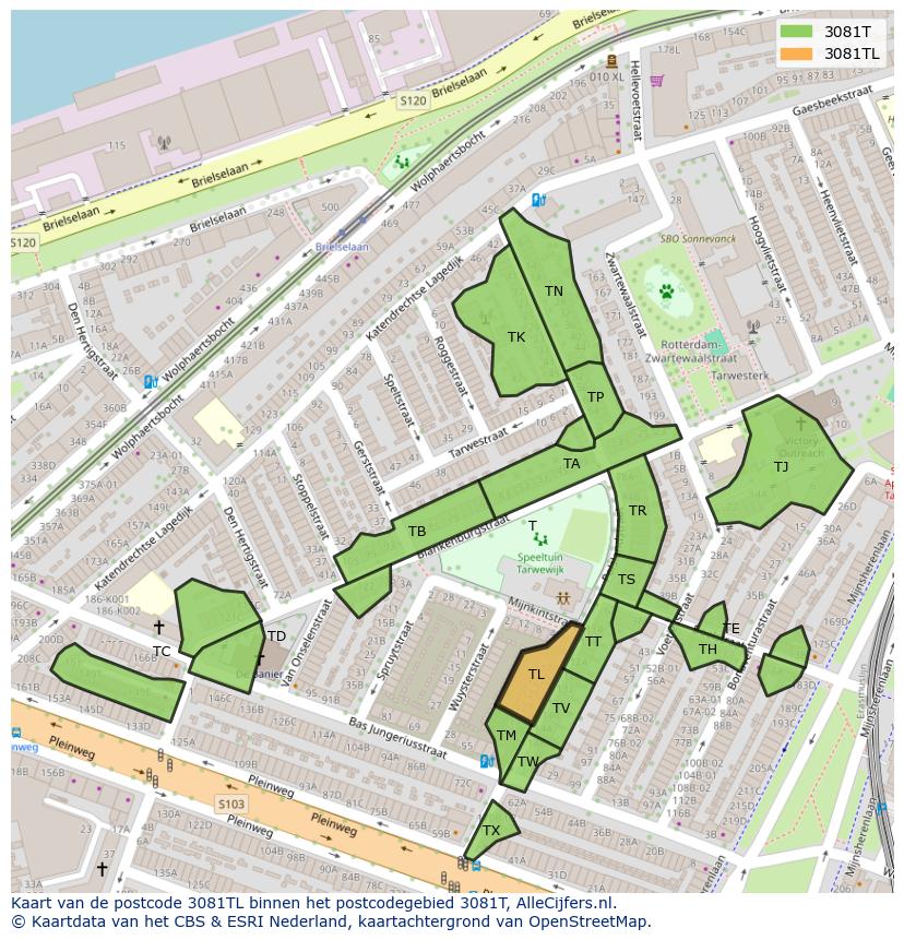 Afbeelding van het postcodegebied 3081 TL op de kaart.