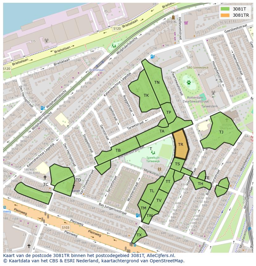 Afbeelding van het postcodegebied 3081 TR op de kaart.