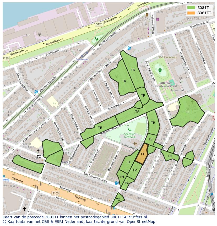 Afbeelding van het postcodegebied 3081 TT op de kaart.