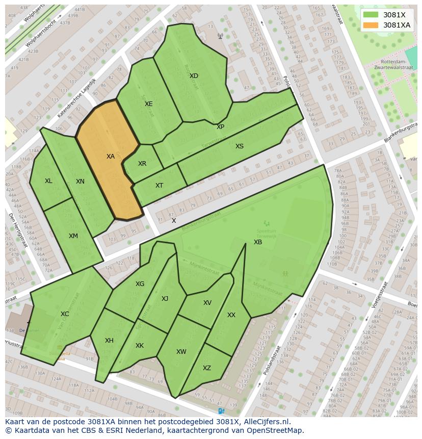 Afbeelding van het postcodegebied 3081 XA op de kaart.