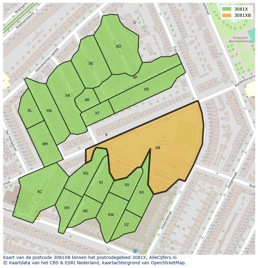 Afbeelding van het postcodegebied 3081 XB op de kaart.