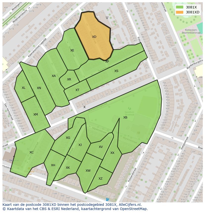Afbeelding van het postcodegebied 3081 XD op de kaart.