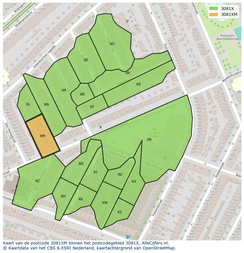 Afbeelding van het postcodegebied 3081 XM op de kaart.