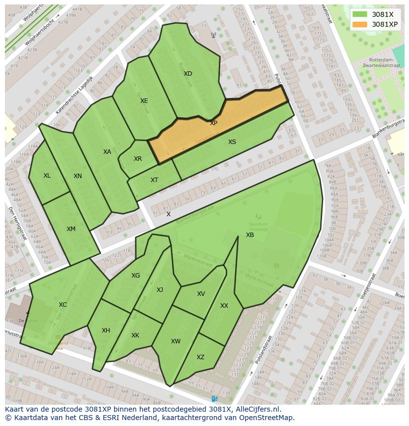 Afbeelding van het postcodegebied 3081 XP op de kaart.