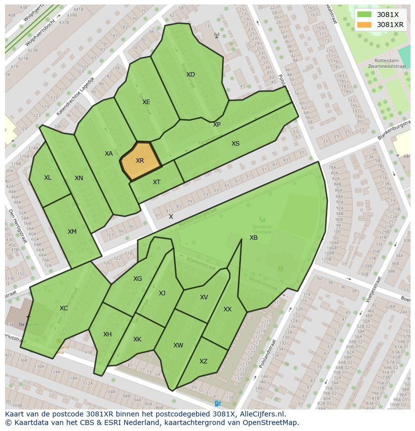 Afbeelding van het postcodegebied 3081 XR op de kaart.