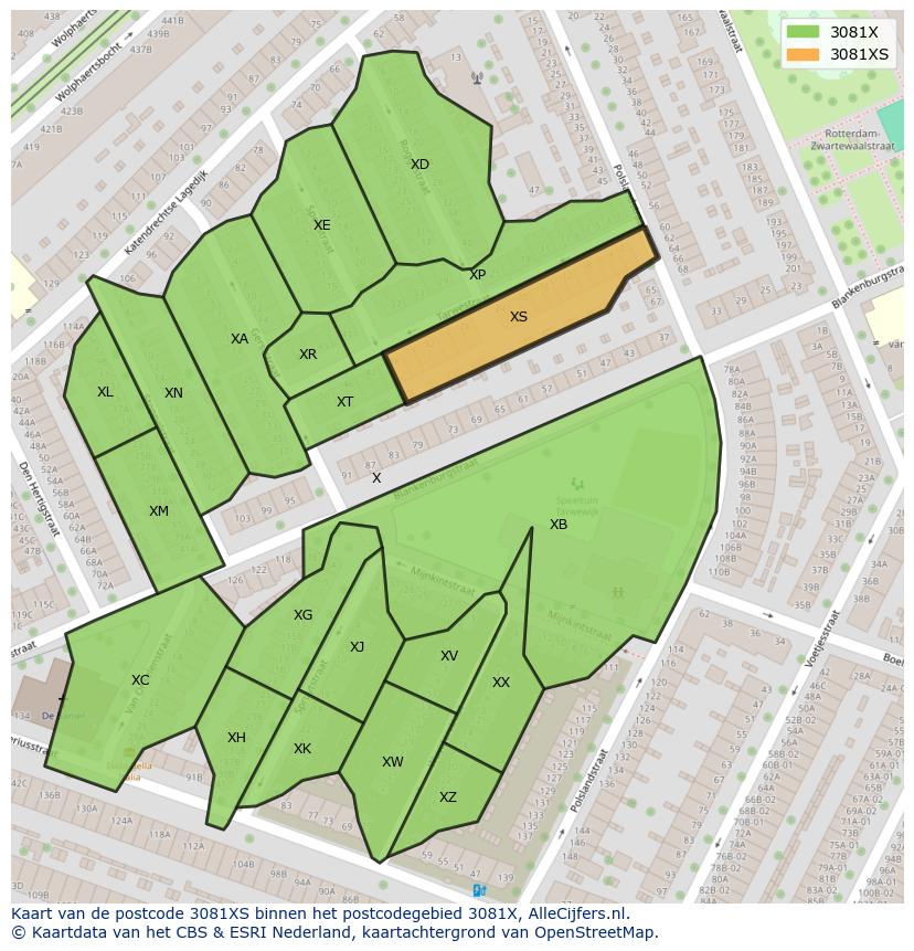 Afbeelding van het postcodegebied 3081 XS op de kaart.
