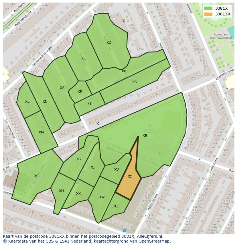Afbeelding van het postcodegebied 3081 XX op de kaart.