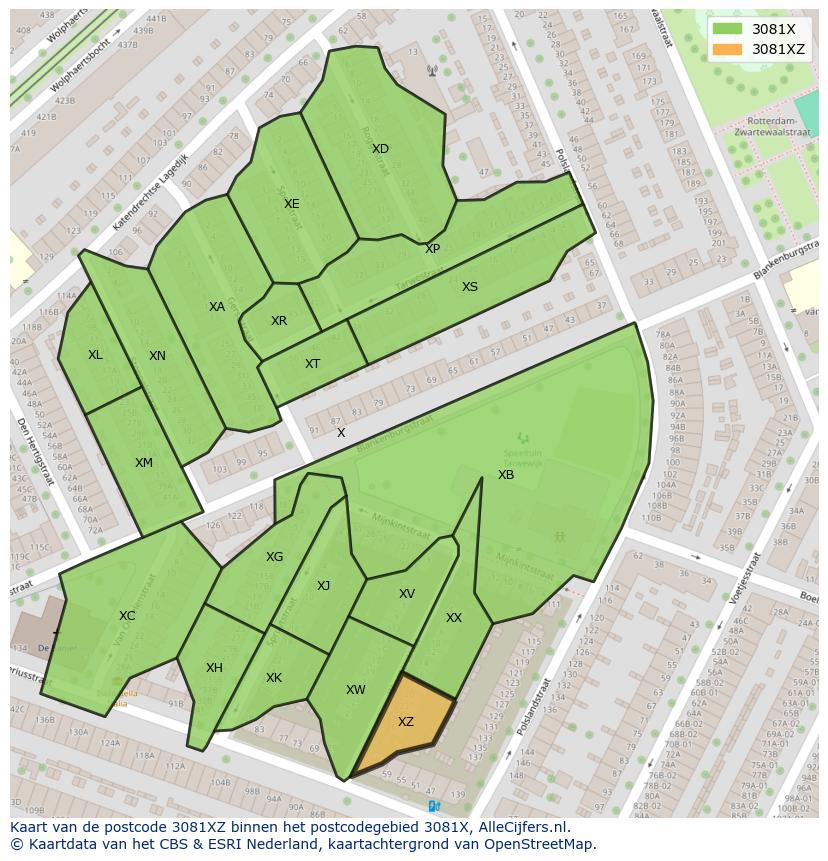 Afbeelding van het postcodegebied 3081 XZ op de kaart.