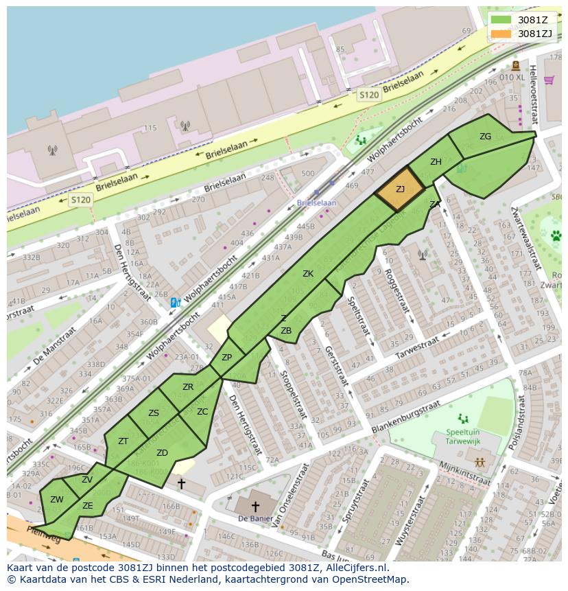 Afbeelding van het postcodegebied 3081 ZJ op de kaart.