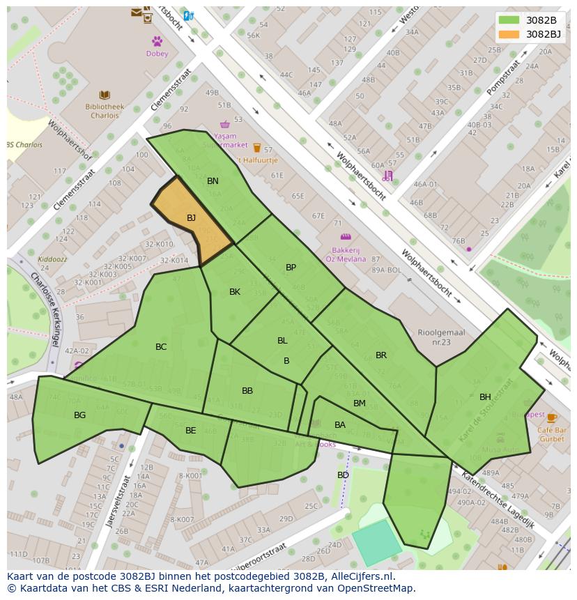 Afbeelding van het postcodegebied 3082 BJ op de kaart.