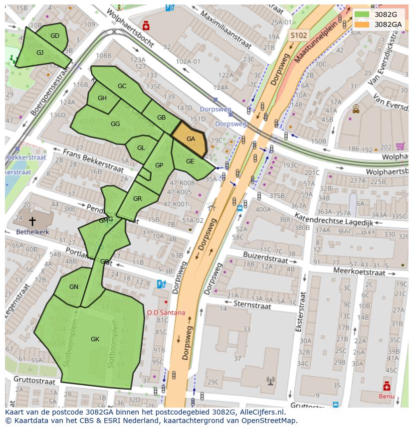 Afbeelding van het postcodegebied 3082 GA op de kaart.
