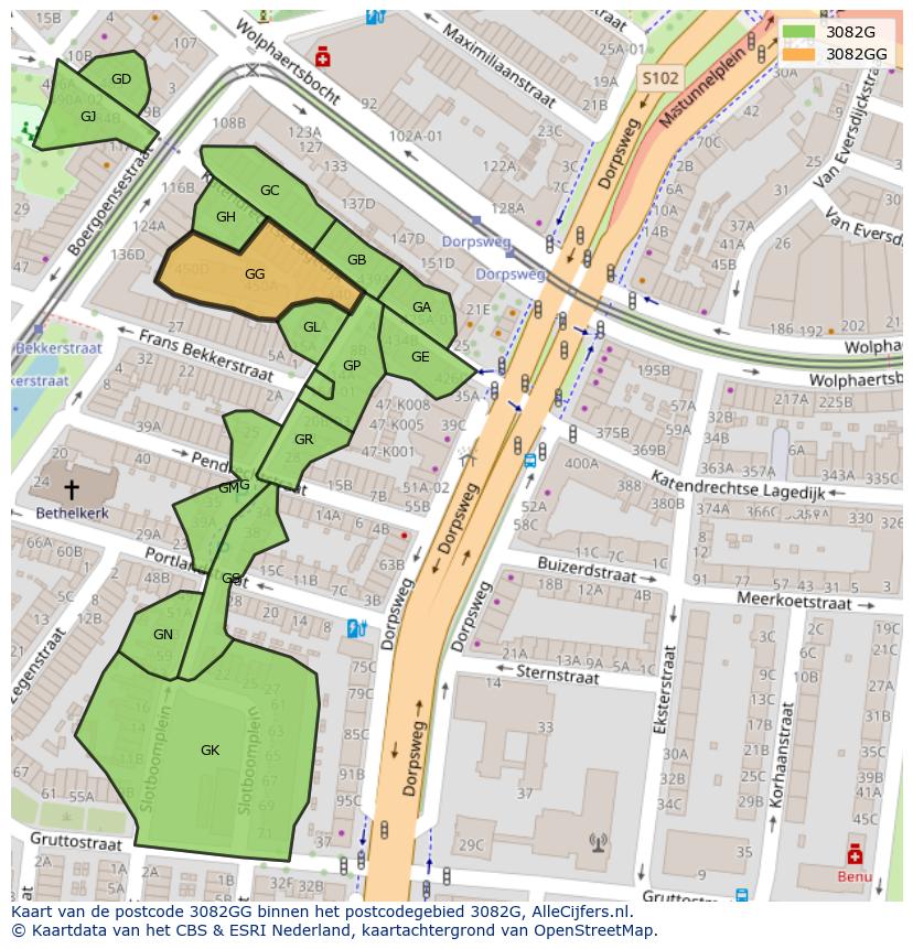Afbeelding van het postcodegebied 3082 GG op de kaart.