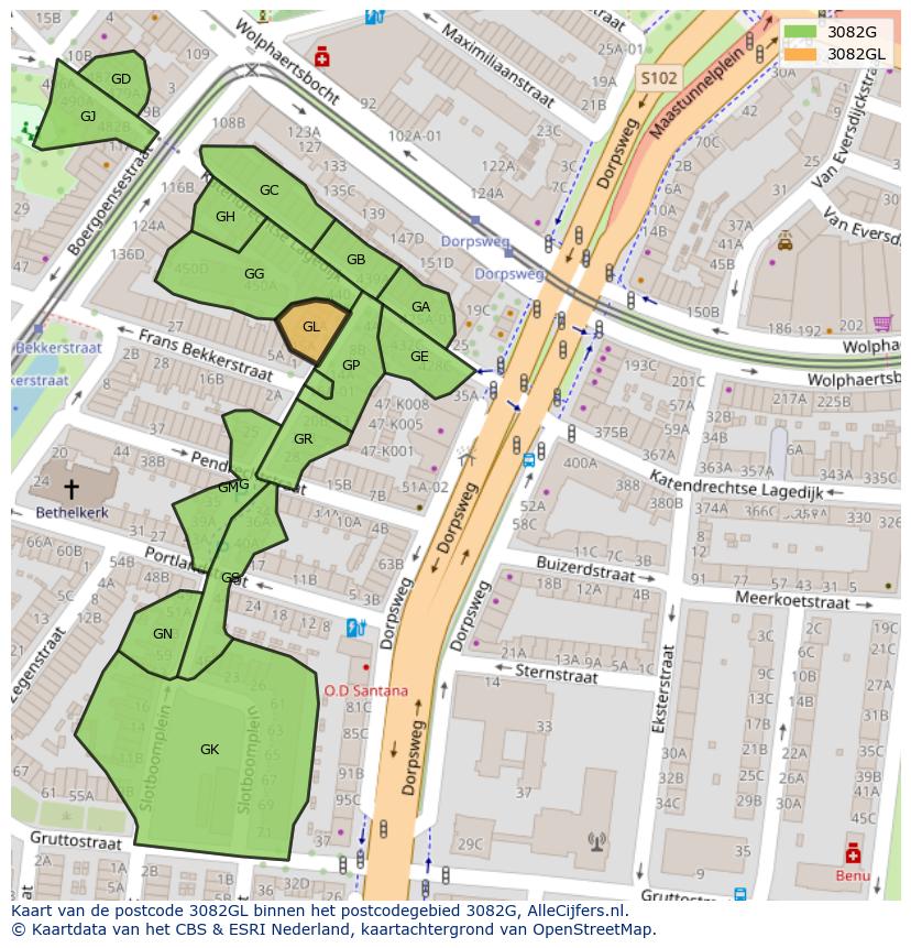 Afbeelding van het postcodegebied 3082 GL op de kaart.