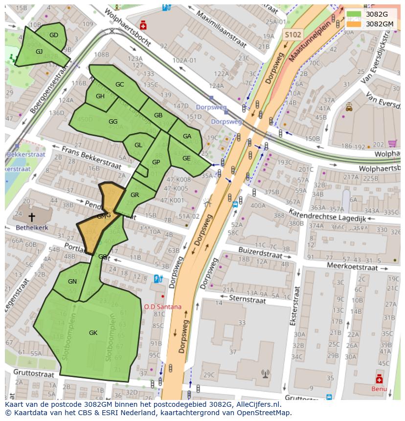 Afbeelding van het postcodegebied 3082 GM op de kaart.