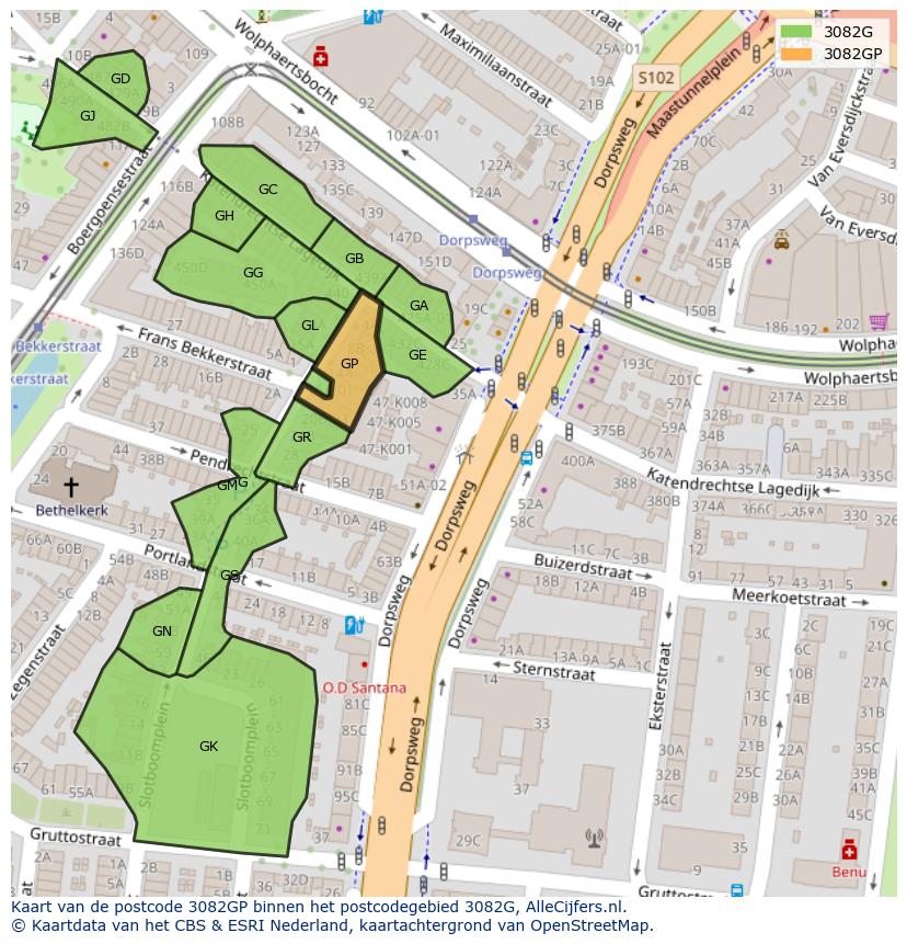 Afbeelding van het postcodegebied 3082 GP op de kaart.