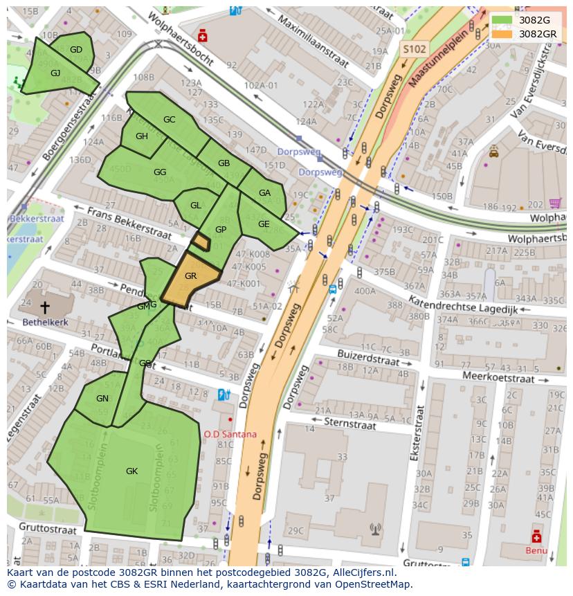 Afbeelding van het postcodegebied 3082 GR op de kaart.