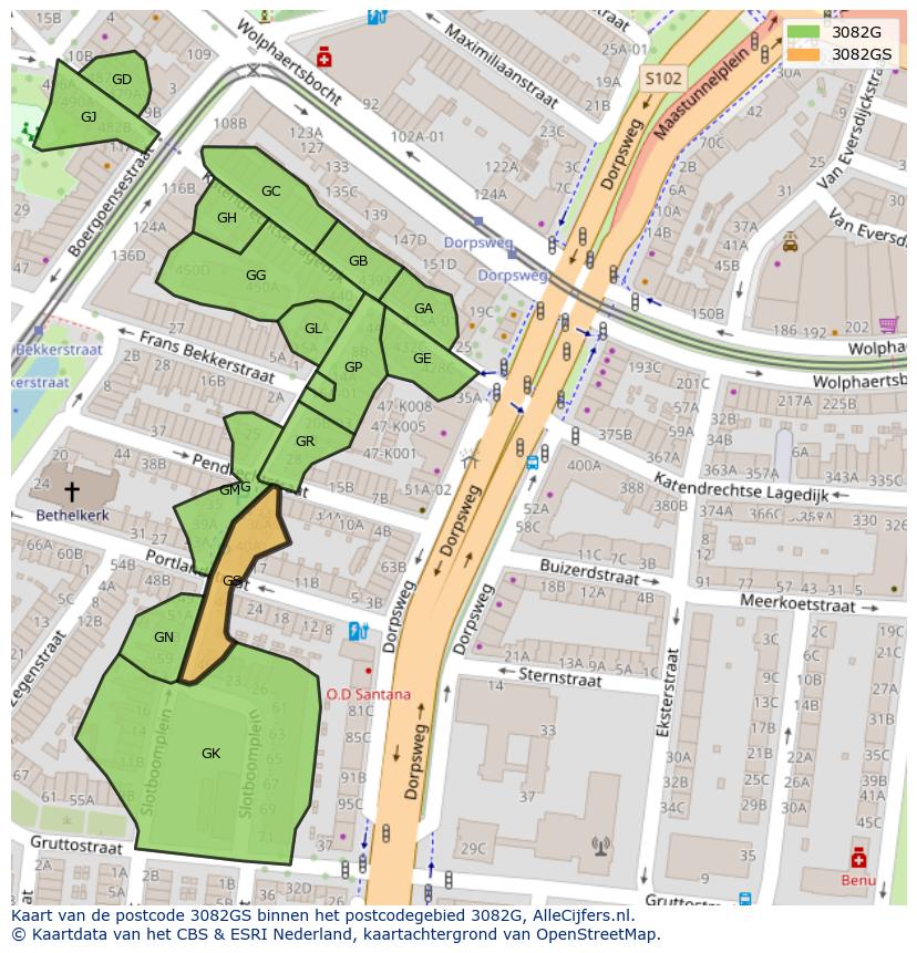 Afbeelding van het postcodegebied 3082 GS op de kaart.