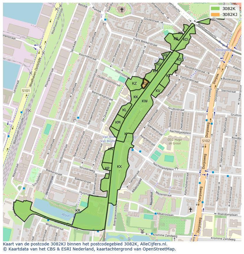 Afbeelding van het postcodegebied 3082 KJ op de kaart.