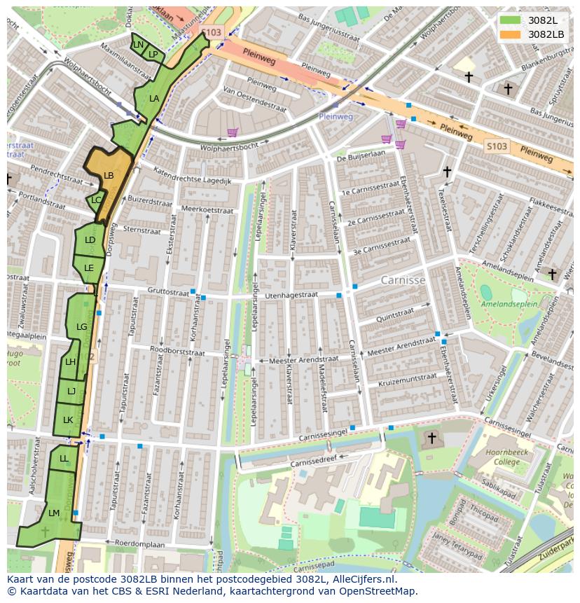 Afbeelding van het postcodegebied 3082 LB op de kaart.