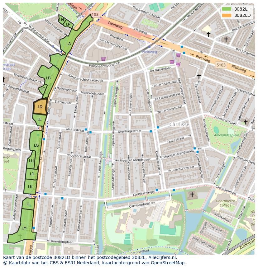 Afbeelding van het postcodegebied 3082 LD op de kaart.