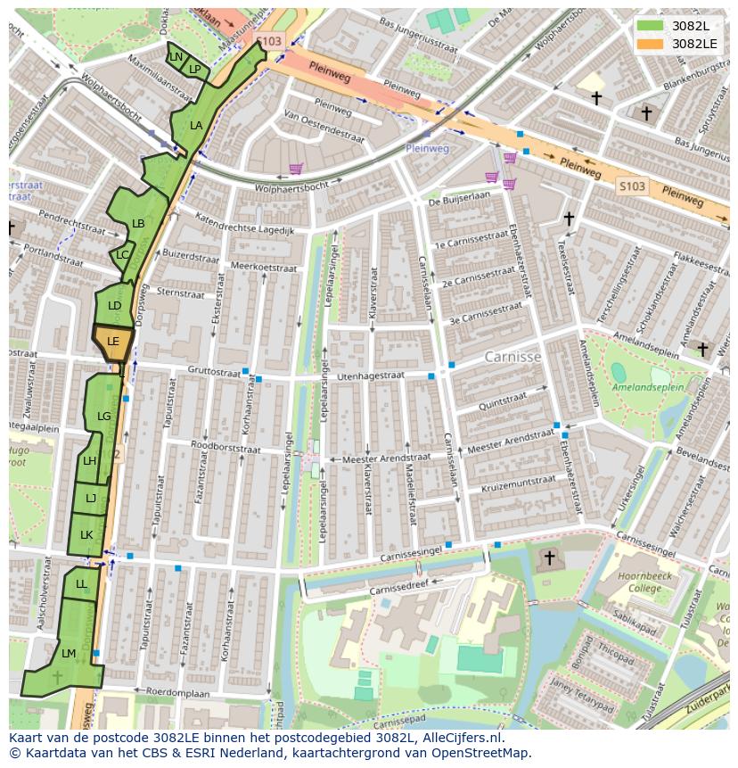 Afbeelding van het postcodegebied 3082 LE op de kaart.