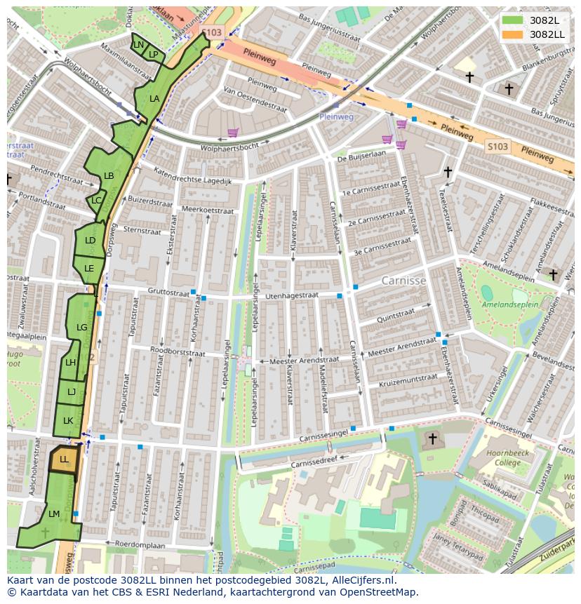 Afbeelding van het postcodegebied 3082 LL op de kaart.