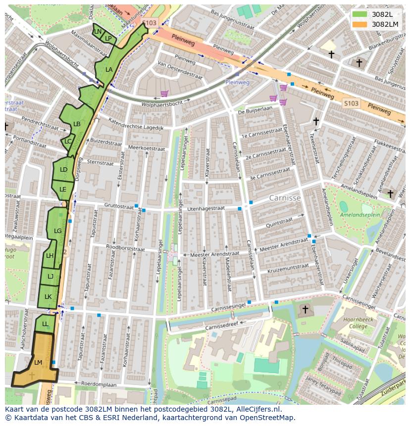 Afbeelding van het postcodegebied 3082 LM op de kaart.