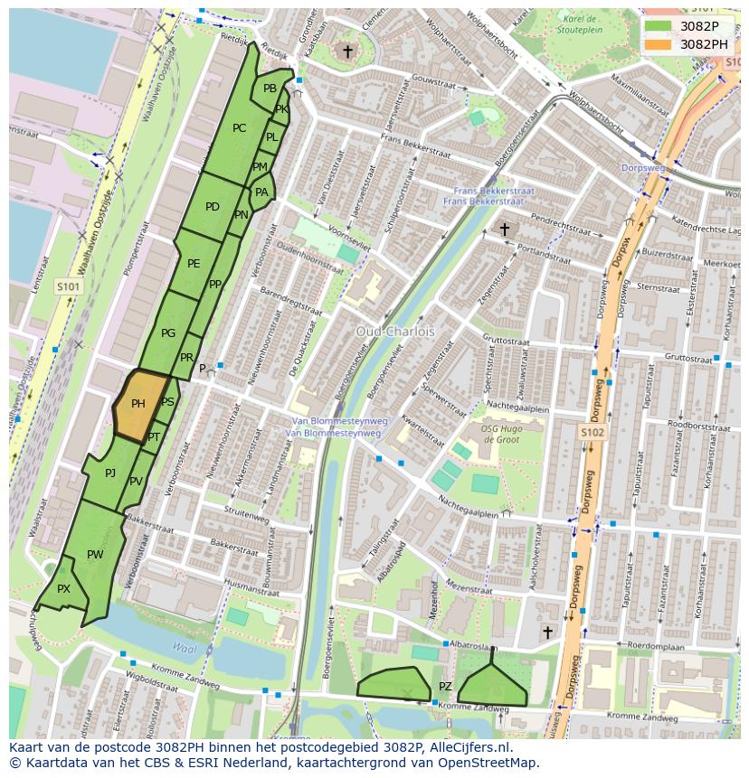 Afbeelding van het postcodegebied 3082 PH op de kaart.