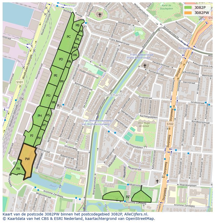Afbeelding van het postcodegebied 3082 PW op de kaart.