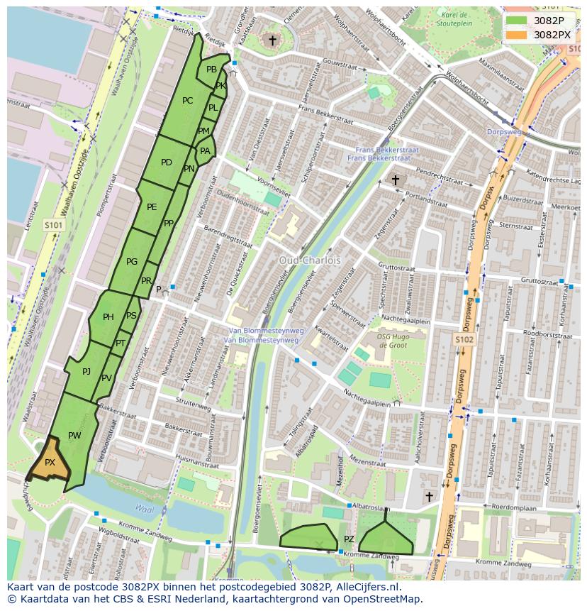 Afbeelding van het postcodegebied 3082 PX op de kaart.