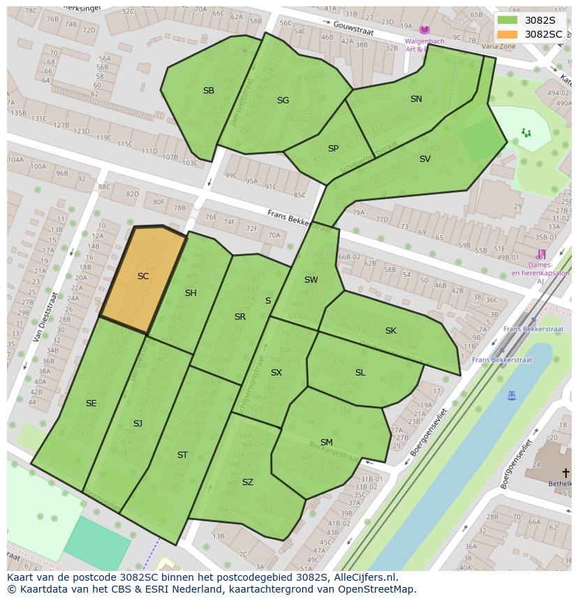 Afbeelding van het postcodegebied 3082 SC op de kaart.