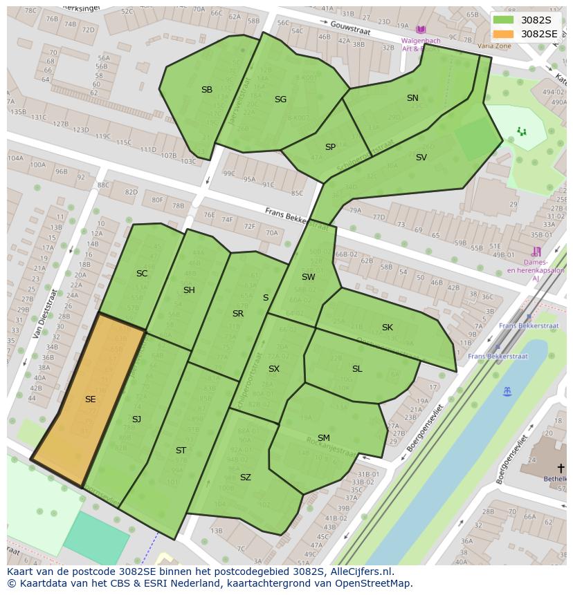 Afbeelding van het postcodegebied 3082 SE op de kaart.