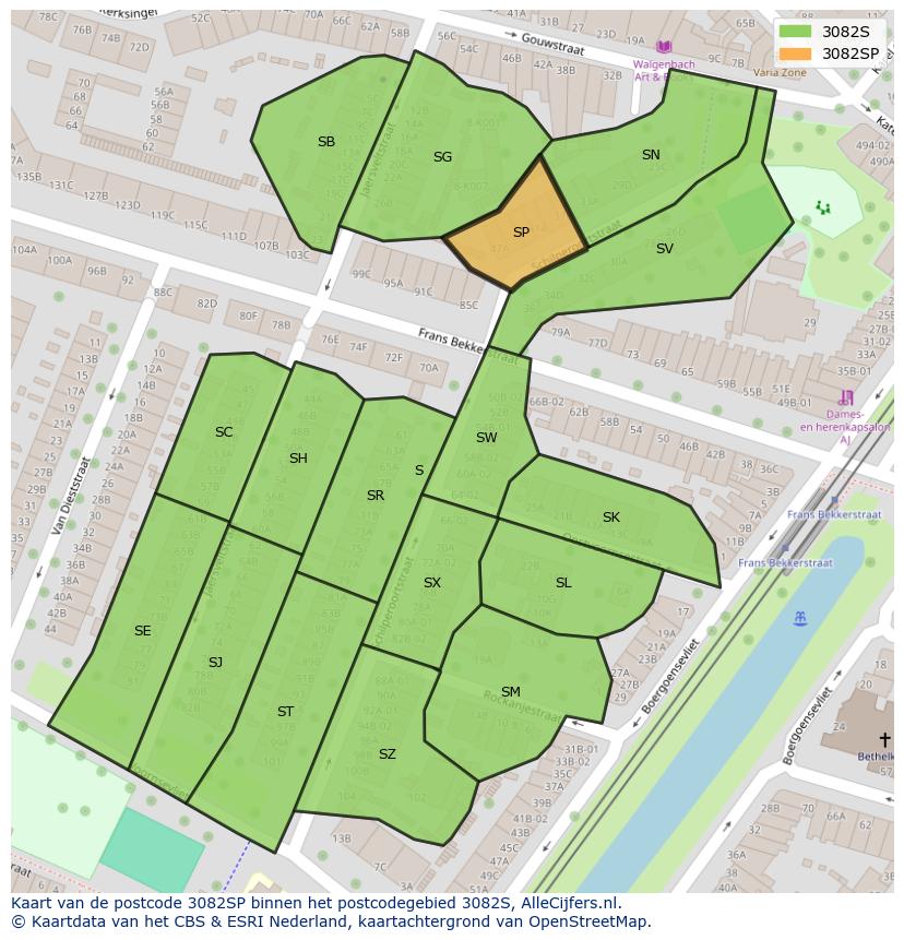 Afbeelding van het postcodegebied 3082 SP op de kaart.