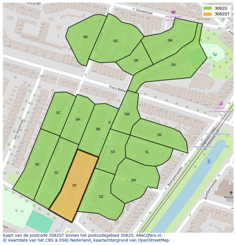 Afbeelding van het postcodegebied 3082 ST op de kaart.