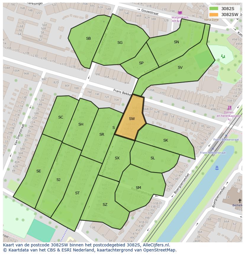 Afbeelding van het postcodegebied 3082 SW op de kaart.