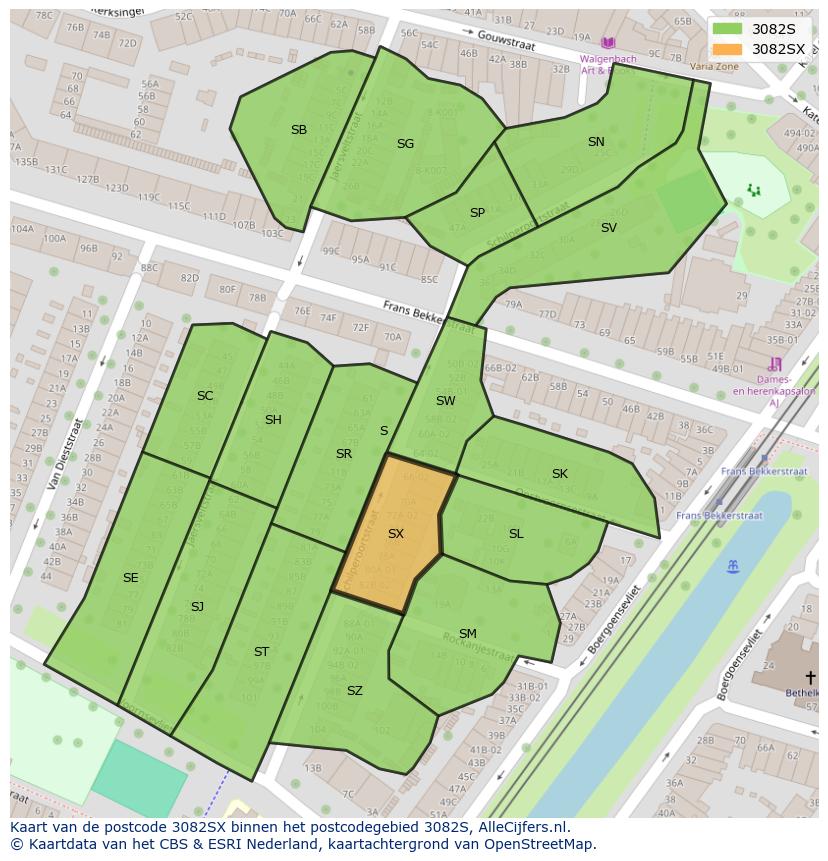 Afbeelding van het postcodegebied 3082 SX op de kaart.