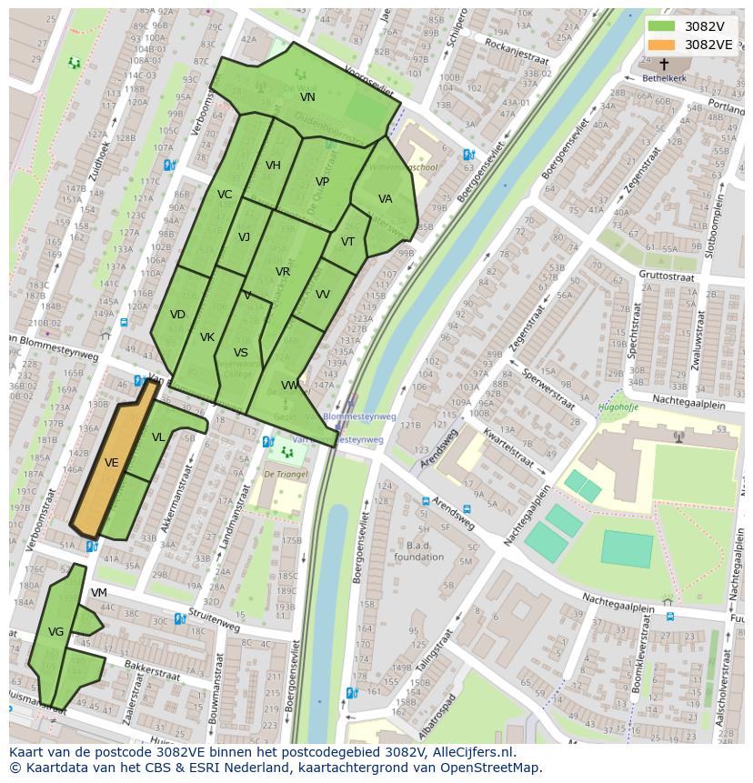 Afbeelding van het postcodegebied 3082 VE op de kaart.