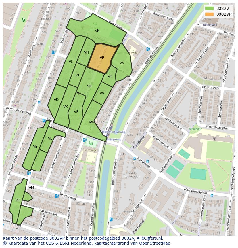Afbeelding van het postcodegebied 3082 VP op de kaart.